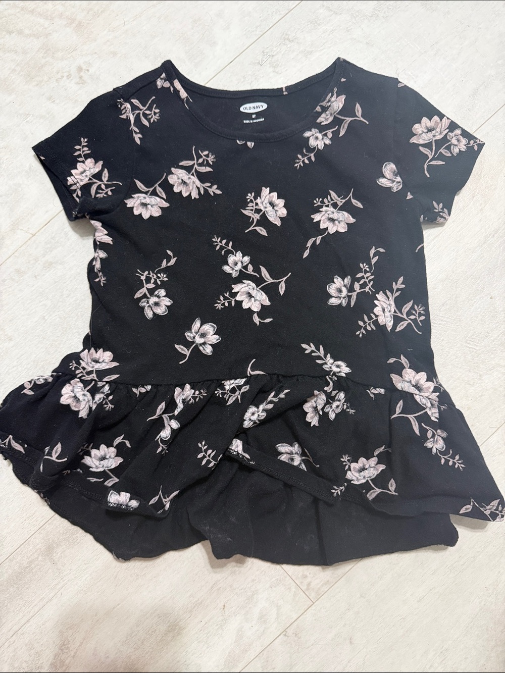 Old Navy Black Floral Peplum Tee with Pink Blooms